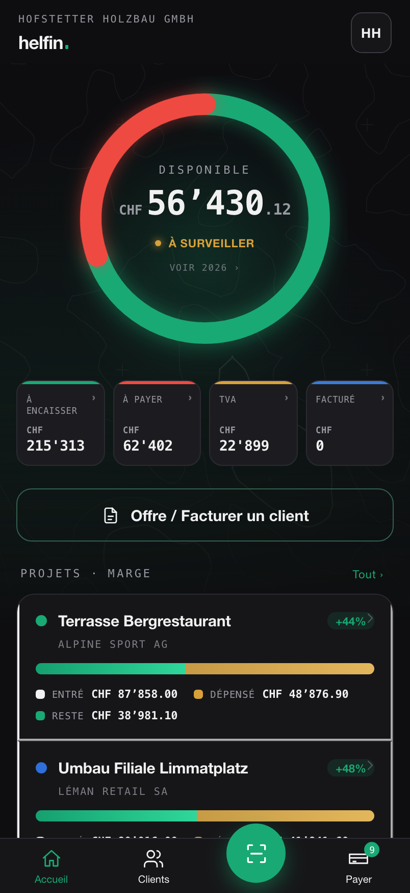L'écran d'accueil de helfin sur iPhone
