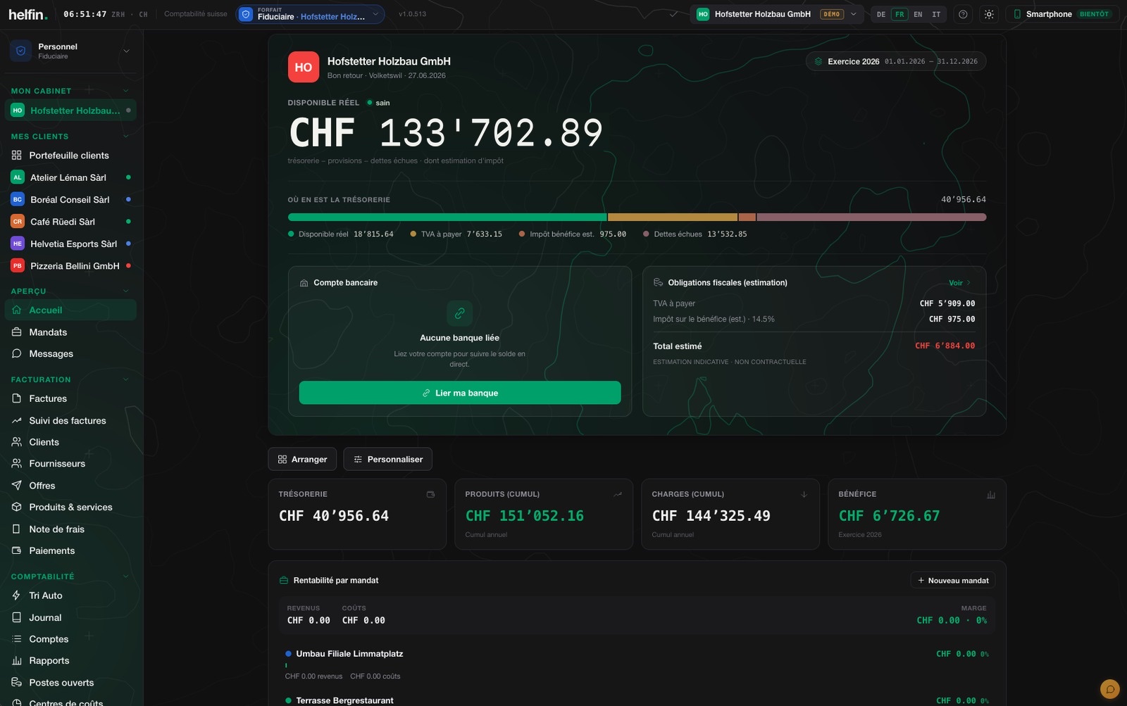 helfin — tableau de bord fiduciaire, thème nuit, en direct sur app.helfin.ch